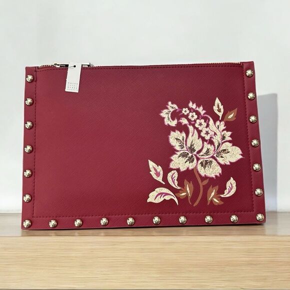 White House Black Market WHBM Floral Studded Wristlet Clutch Burgundy - Picture 1 of 6